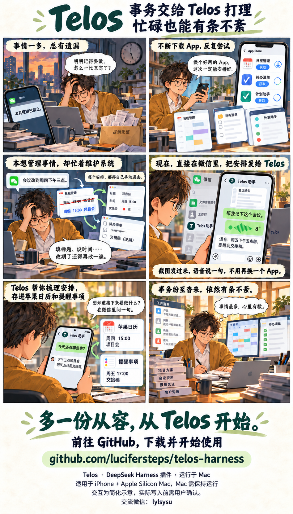 Telos 六格漫画:从遗漏安排、反复尝试管理 App,到在微信里发送截图和语音,由 Telos 整理到 Apple 日历与提醒事项,事务虽多依然从容有序。