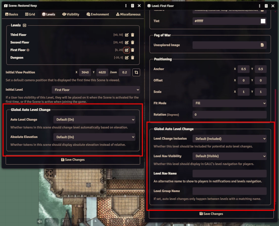 Screenshot of Scene & Level Settings for GALC