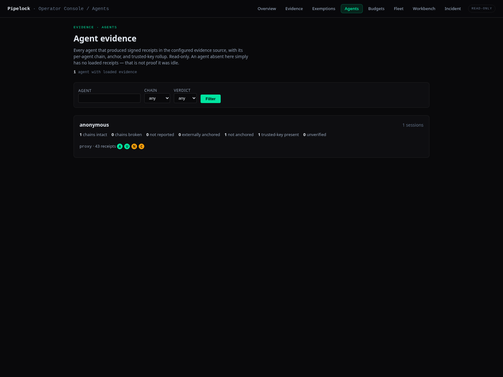 Pipelock dashboard Agents view with per-agent evidence rollups