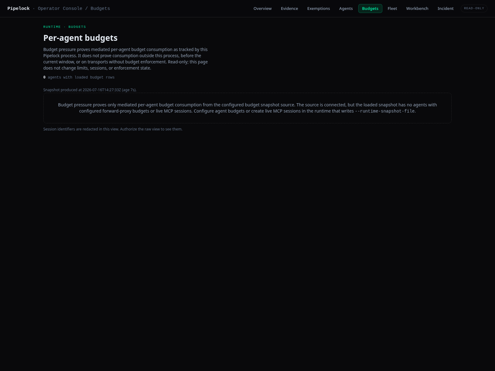 Pipelock dashboard Budgets view with per-agent budget pressure