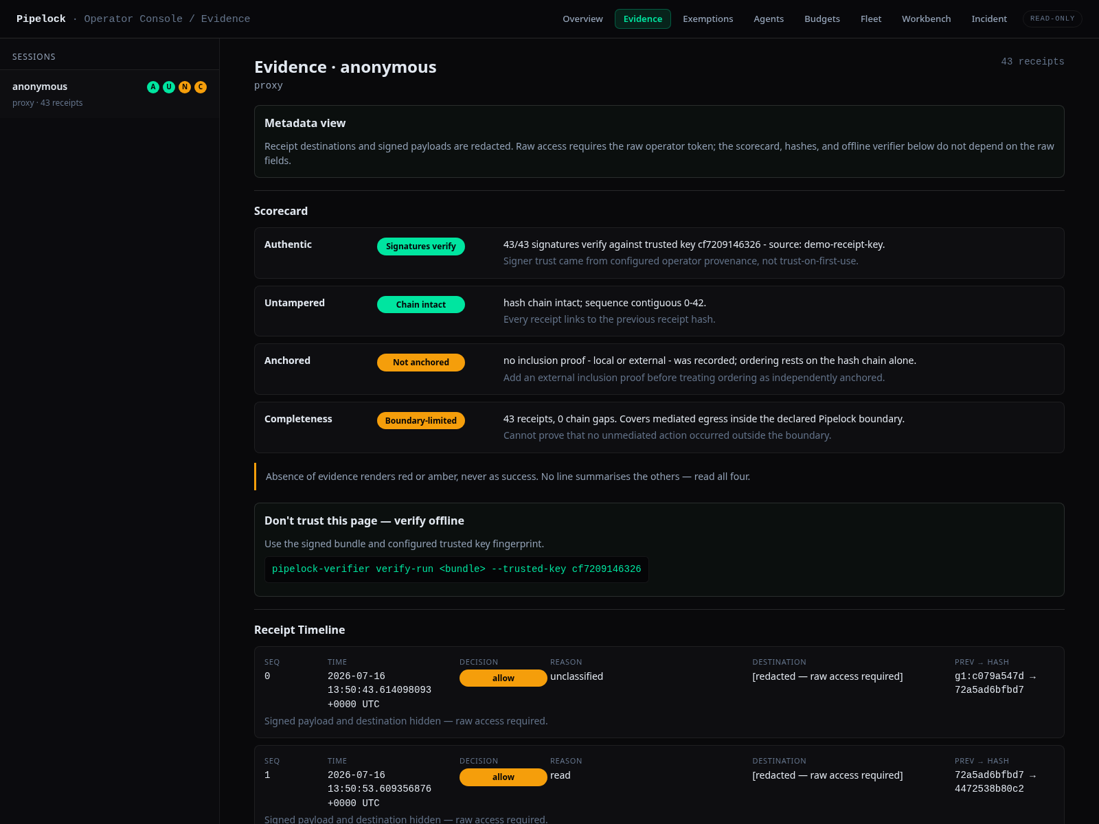 Pipelock dashboard Evidence view with receipt scorecard and decision timeline