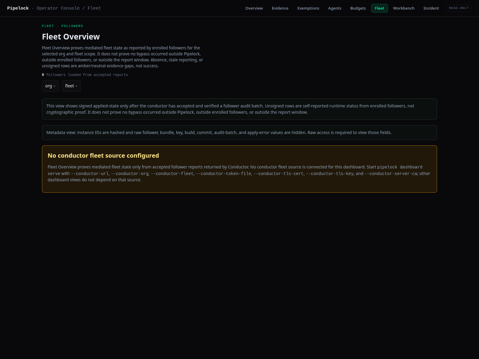 Pipelock dashboard Fleet view with follower runtime and applied-state status