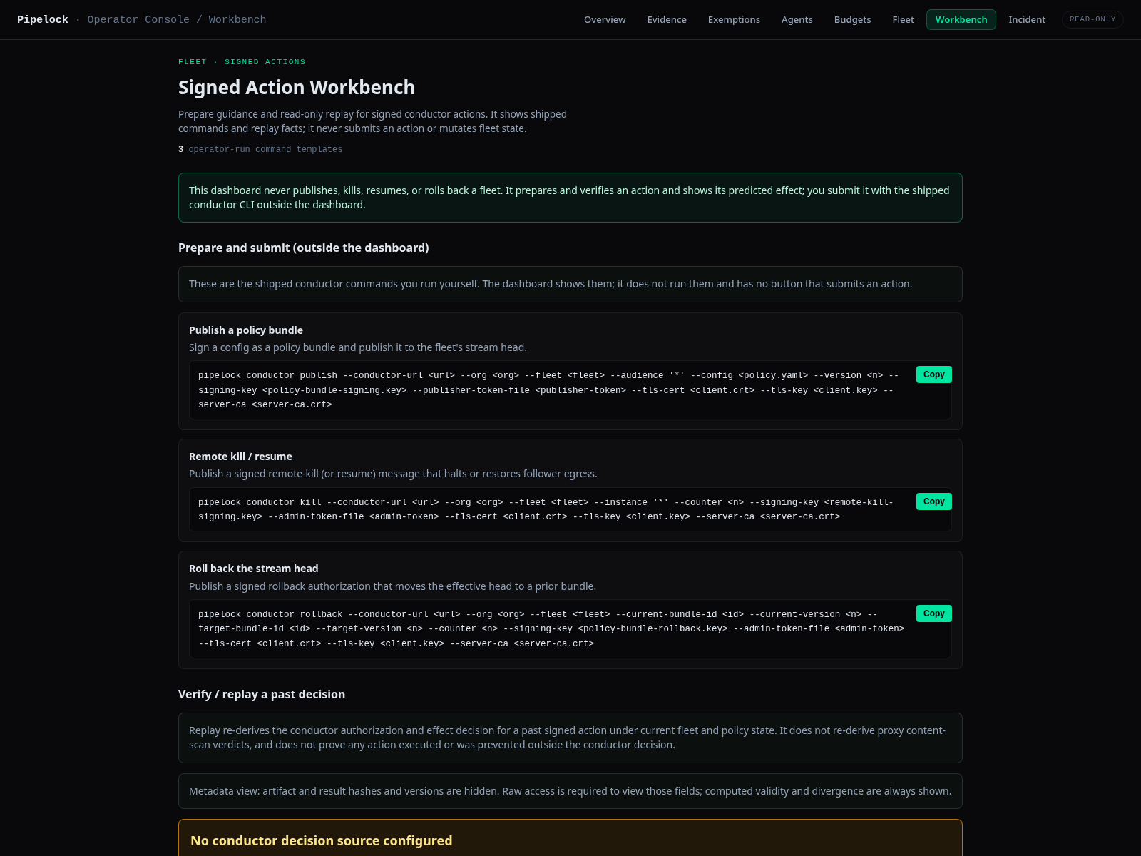 Pipelock dashboard Workbench view for signed Conductor action review