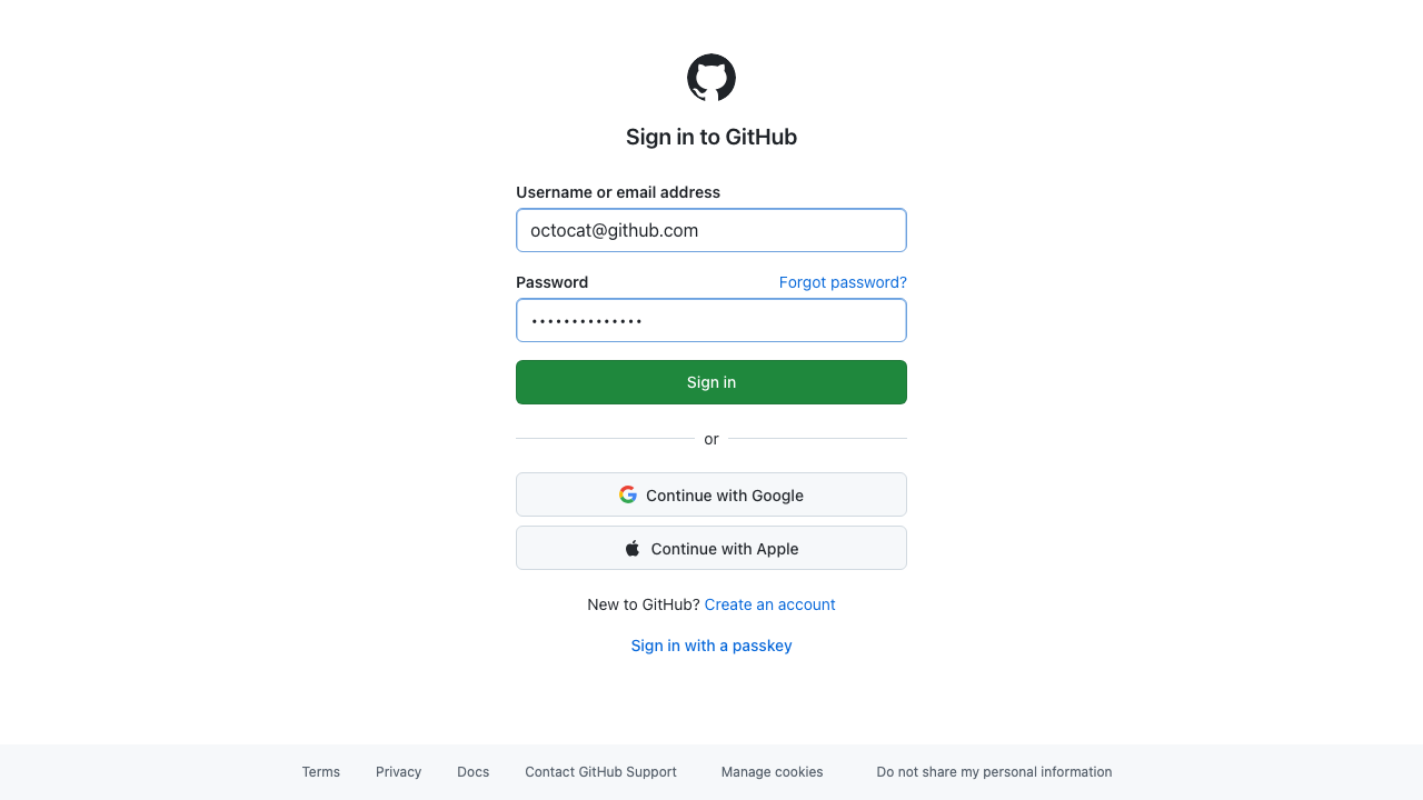 Webpilot screenshot of GitHub login with filled credentials