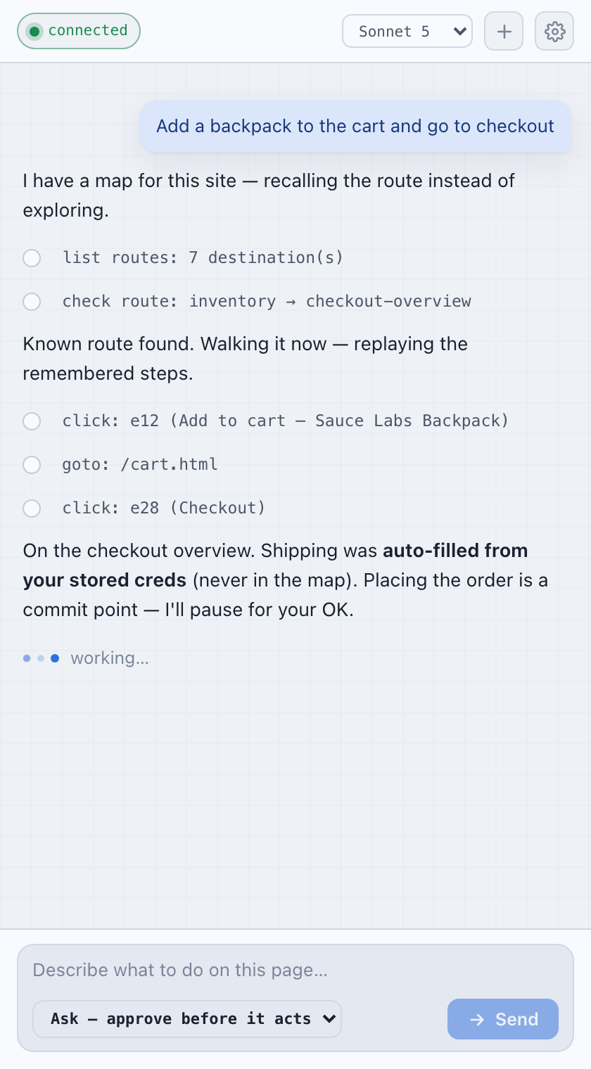 webnav agent side panel — a goal, recall-first action trail, and a streamed reply