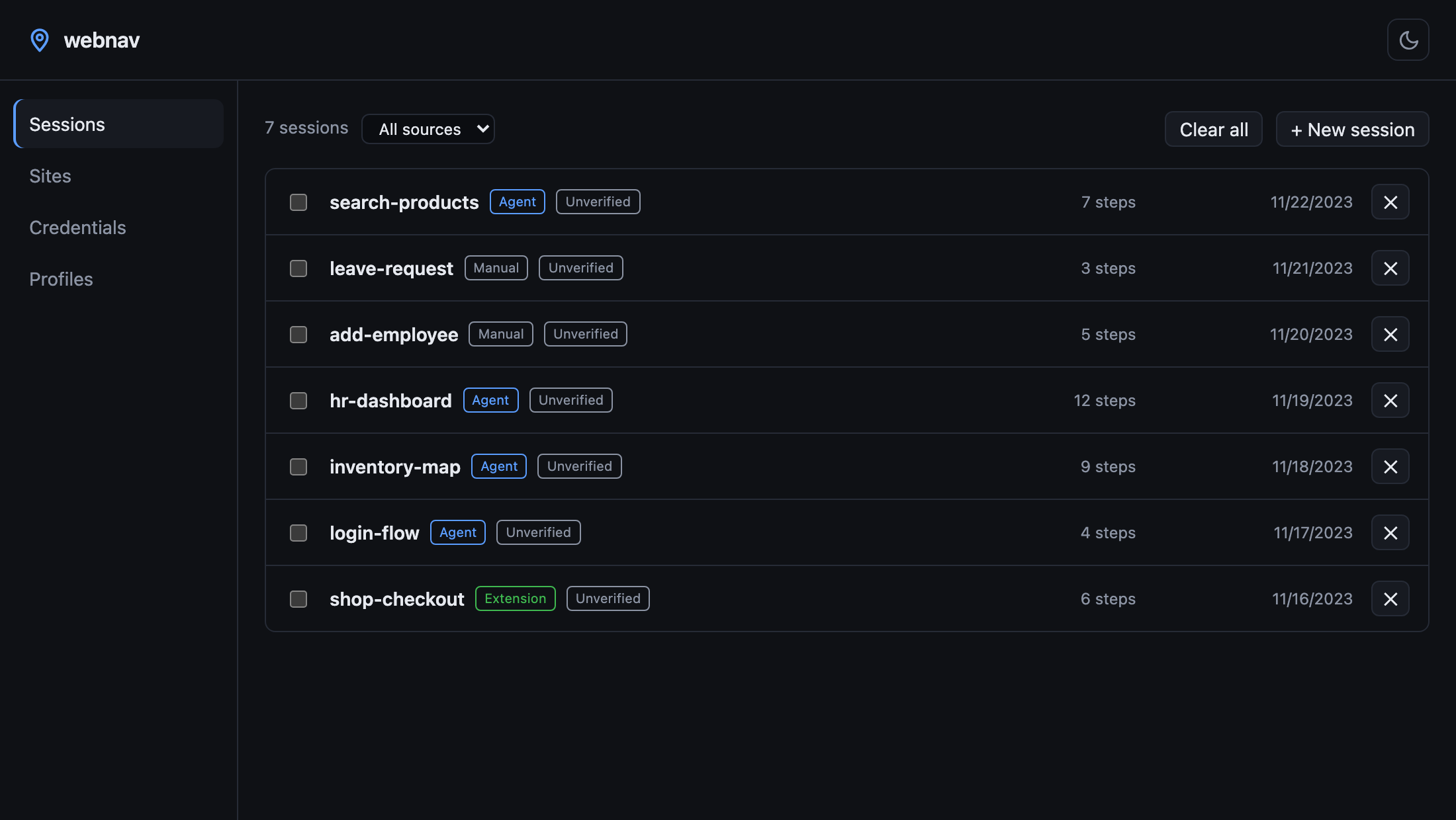 webnav dashboard — Sessions tab with Extension/Agent/Manual source tags and a source filter
