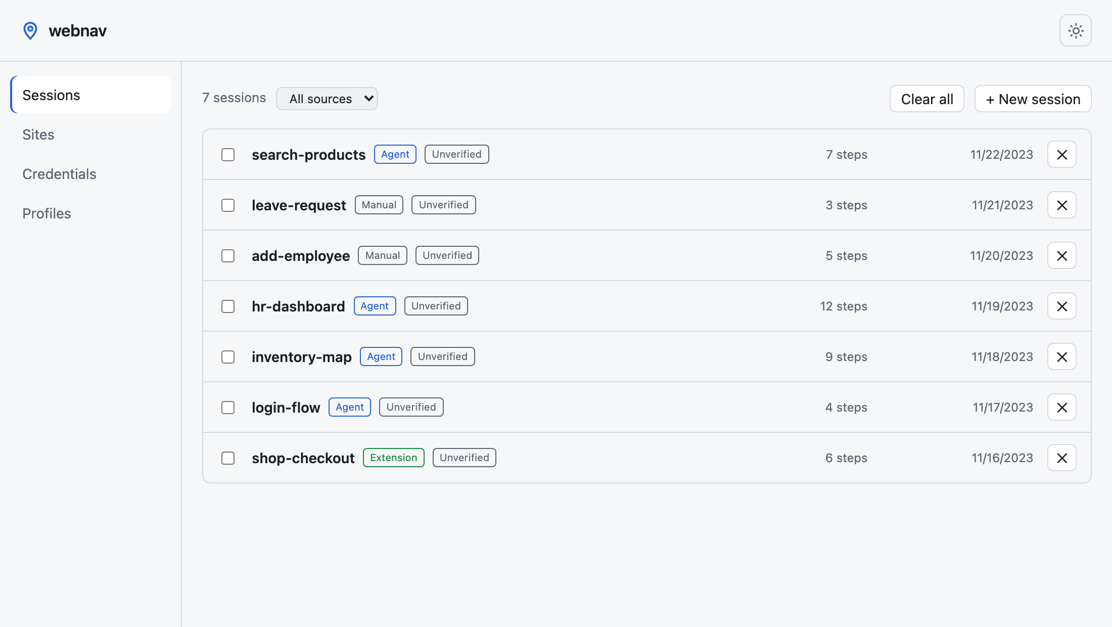 webnav dashboard — Sessions tab with Extension/Agent/Manual source tags and a source filter