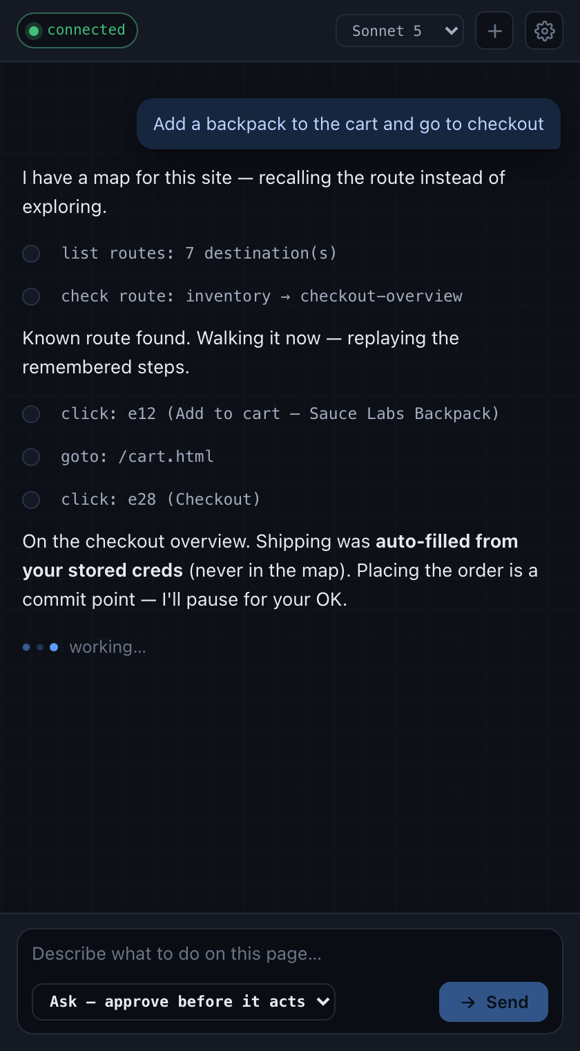 webnav agent side panel — a goal, recall-first action trail, and a streamed reply
