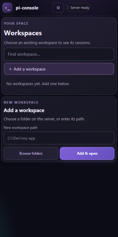 Workspaces 画面。Add a workspace と Add & open から作業フォルダーを登録する