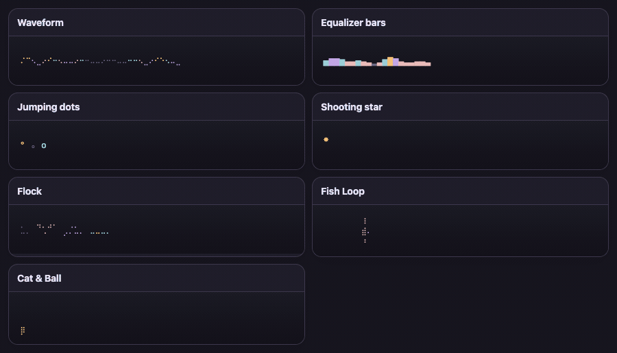 The seven Hush animations: flock, wave, bars, jumping dots, shooting star, fish loop, and cat and ball.