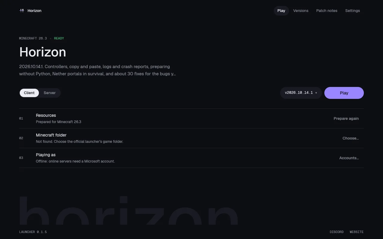 The launcher's Play page: v2026.10.14.1 ready to play, its summary, Client and Server, the version picker and Play, the resources and the Minecraft folder as a numbered list
