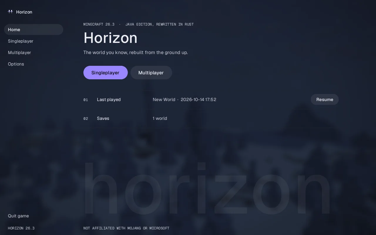 Horizon's title screen: the mark and the pages on the left, the Horizon title, Singleplayer and Multiplayer, and the last world played and the faint wordmark, over a veiled snowy landscape