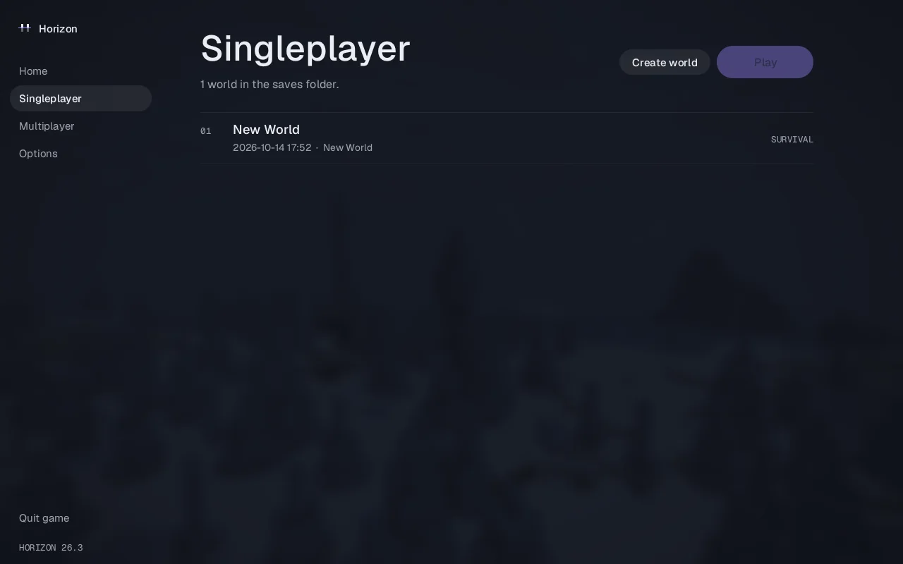 The Singleplayer page: three worlds with their dates and game modes, and Create world and Play buttons