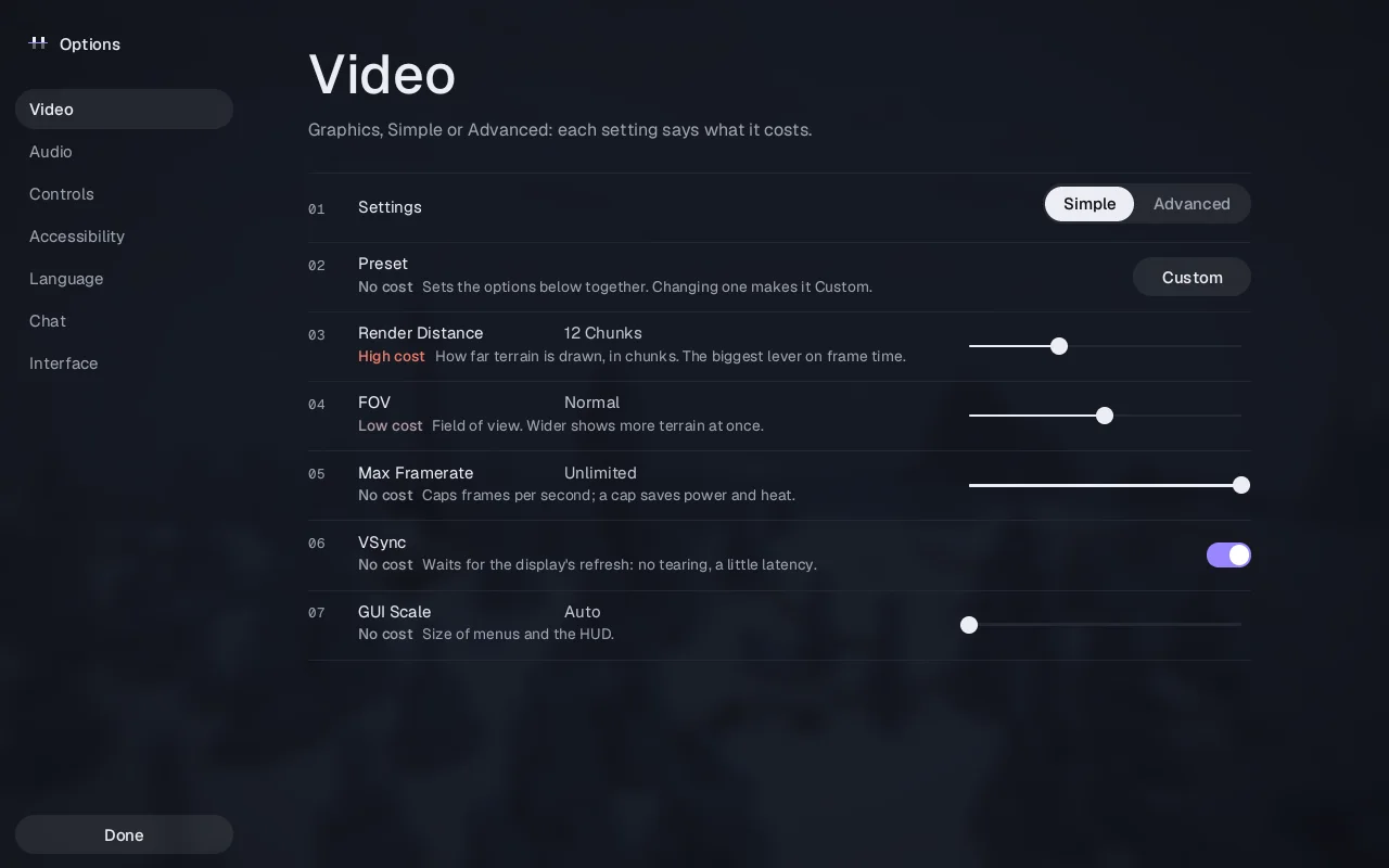 The Video settings in their Simple view: a preset, render distance, field of view, framerate, VSync and GUI scale, each with what it costs