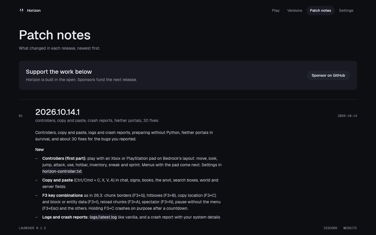 The launcher's Patch notes page, showing the notes of Horizon 2026.10.14.1