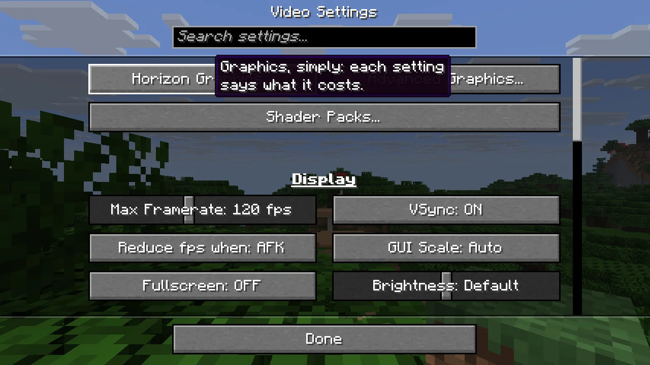 Vanilla's Video Settings screen with Horizon's own buttons at the top: Horizon Graphics, Advanced Graphics and Shader Packs