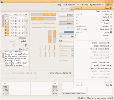 Preview with GTK 2 - RTL - Orange variation - Main window with menu