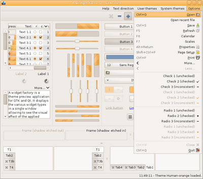 Preview with GTK 3 - RTL - Orange variation - Main window with menu