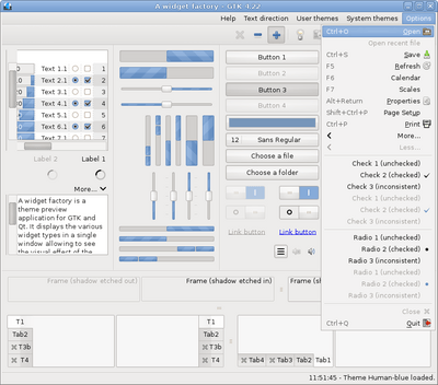 Preview with GTK 4 - RTL - Blue variation - Main window with menu