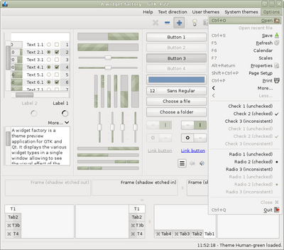 Preview with GTK 4 - RTL - Green variation - Main window with menu