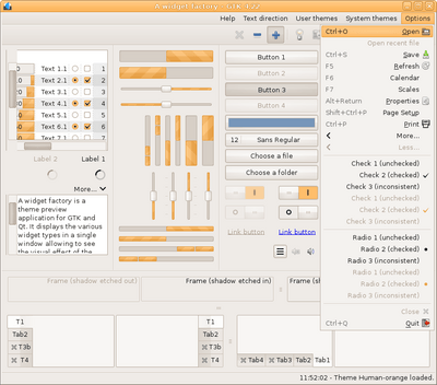 Preview with GTK 4 - RTL - Orange variation - Main window with menu