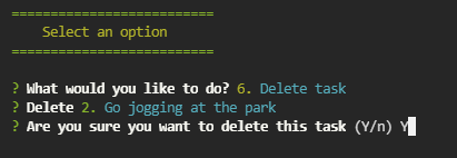 Preview for the confirm menu at the deleting tasks option