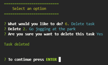 Preview for the deleting tasks option after confirming