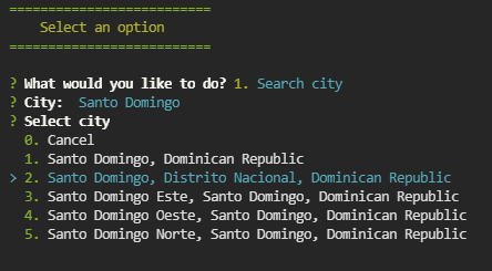 Preview of the menu that'll appear after you type the name of a city