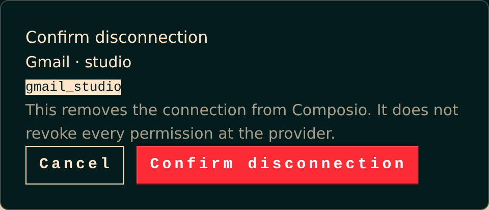 Disconnect confirmation for the example Gmail account