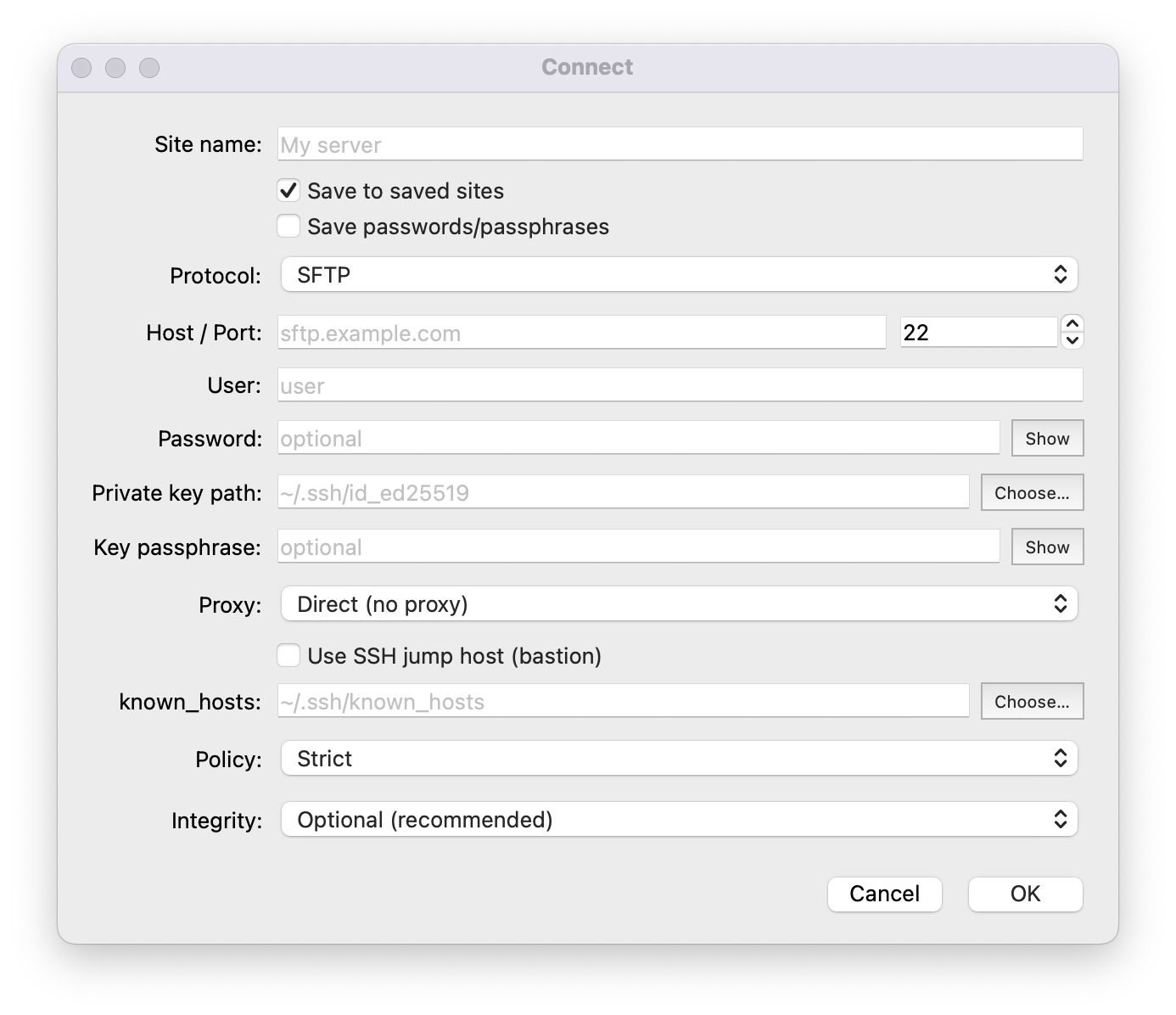 Connect dialog with authentication options