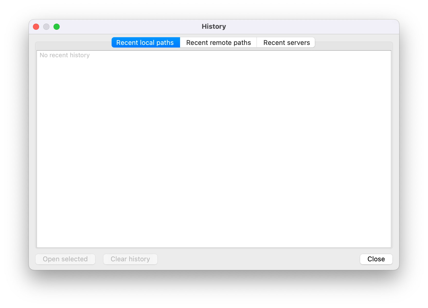 Connection history panel with recent sites
