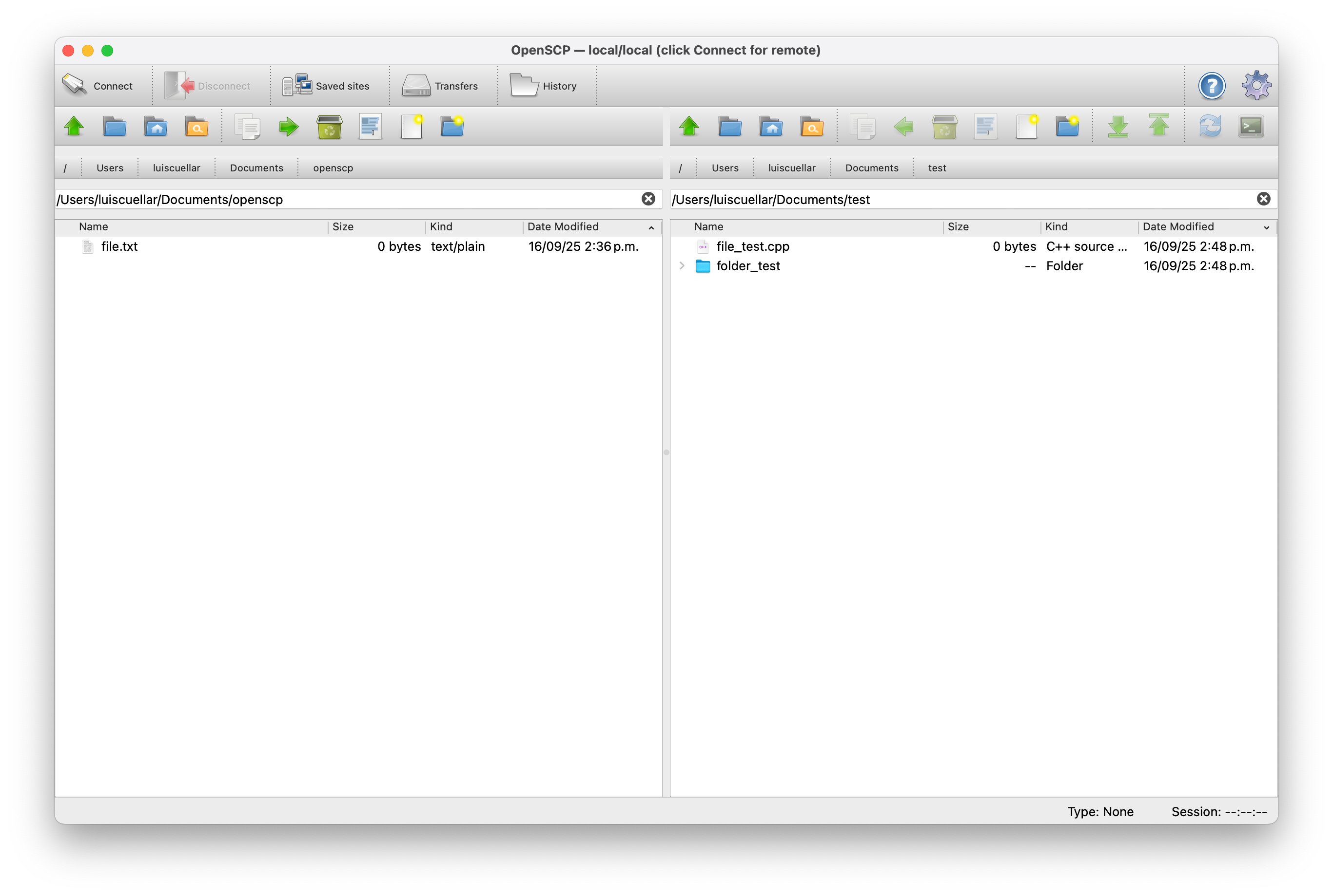 OpenSCP main window showing dual panels and transfer queue