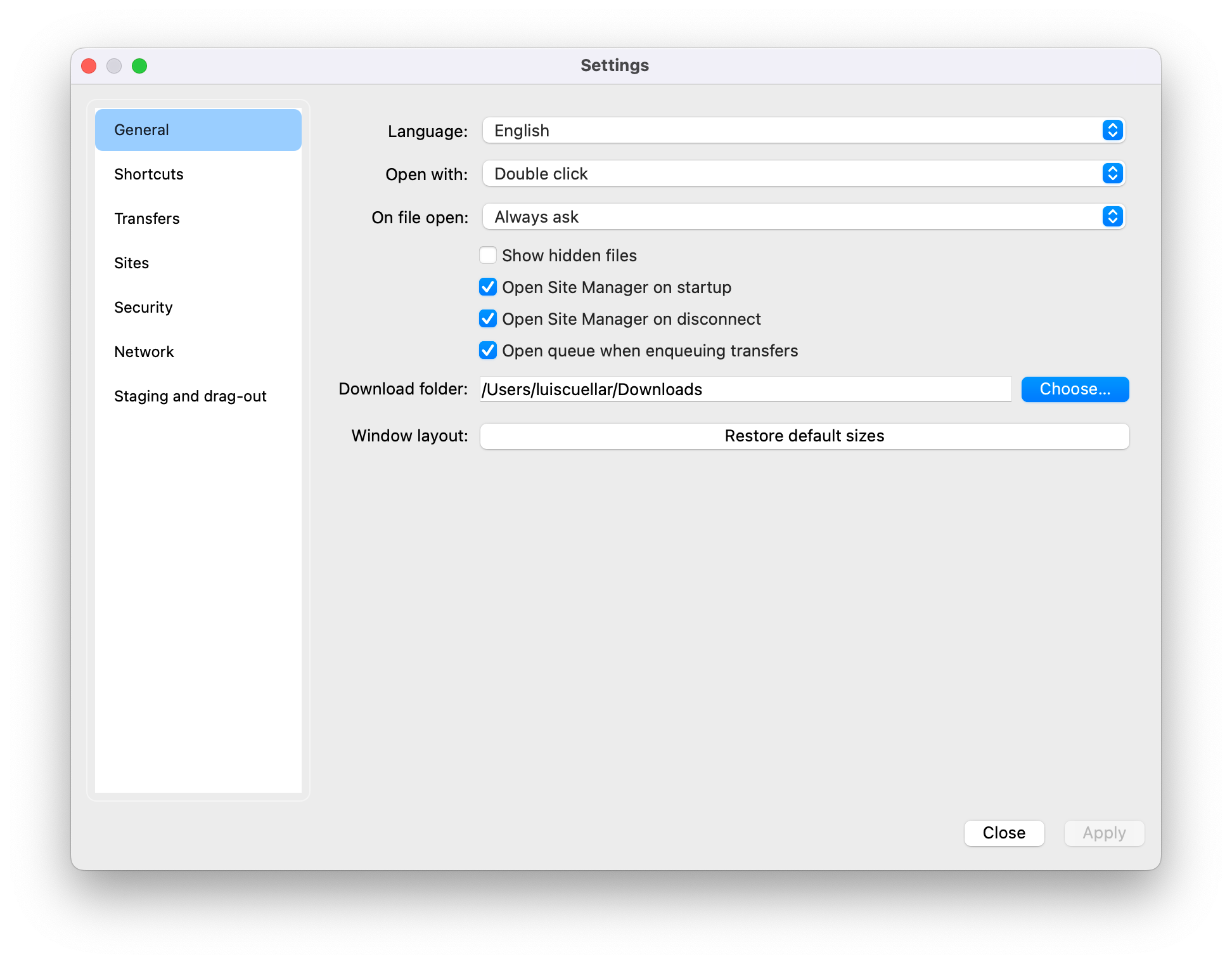 Settings dialog with security and transfer options