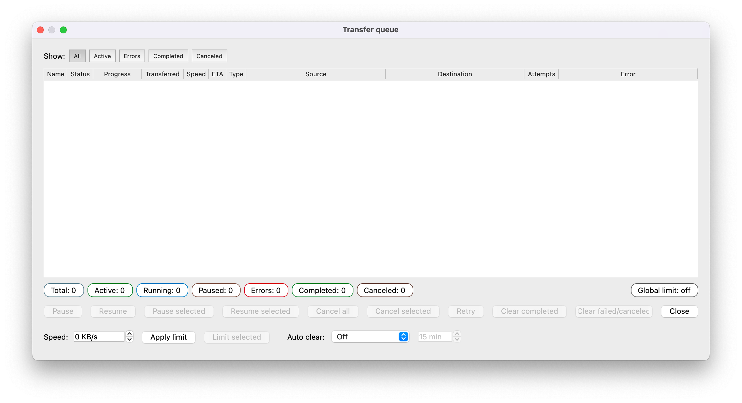 Transfer queue with progress, filters, and actions