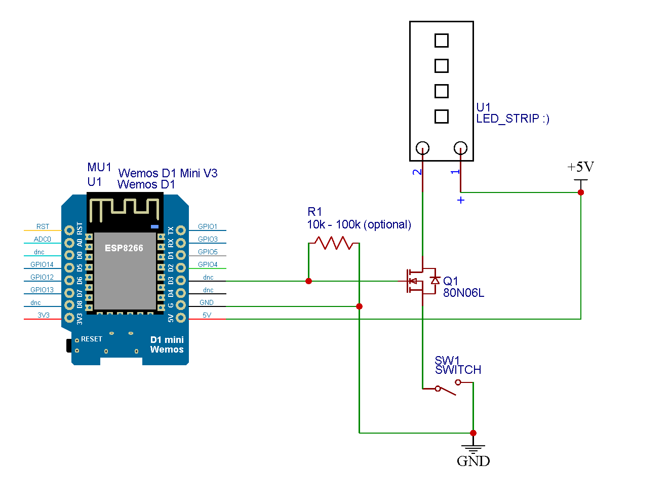 Schematic diagram of LED Strip connected to ESP8266 with MOSFET control and a 2-pin SPST rocker switch