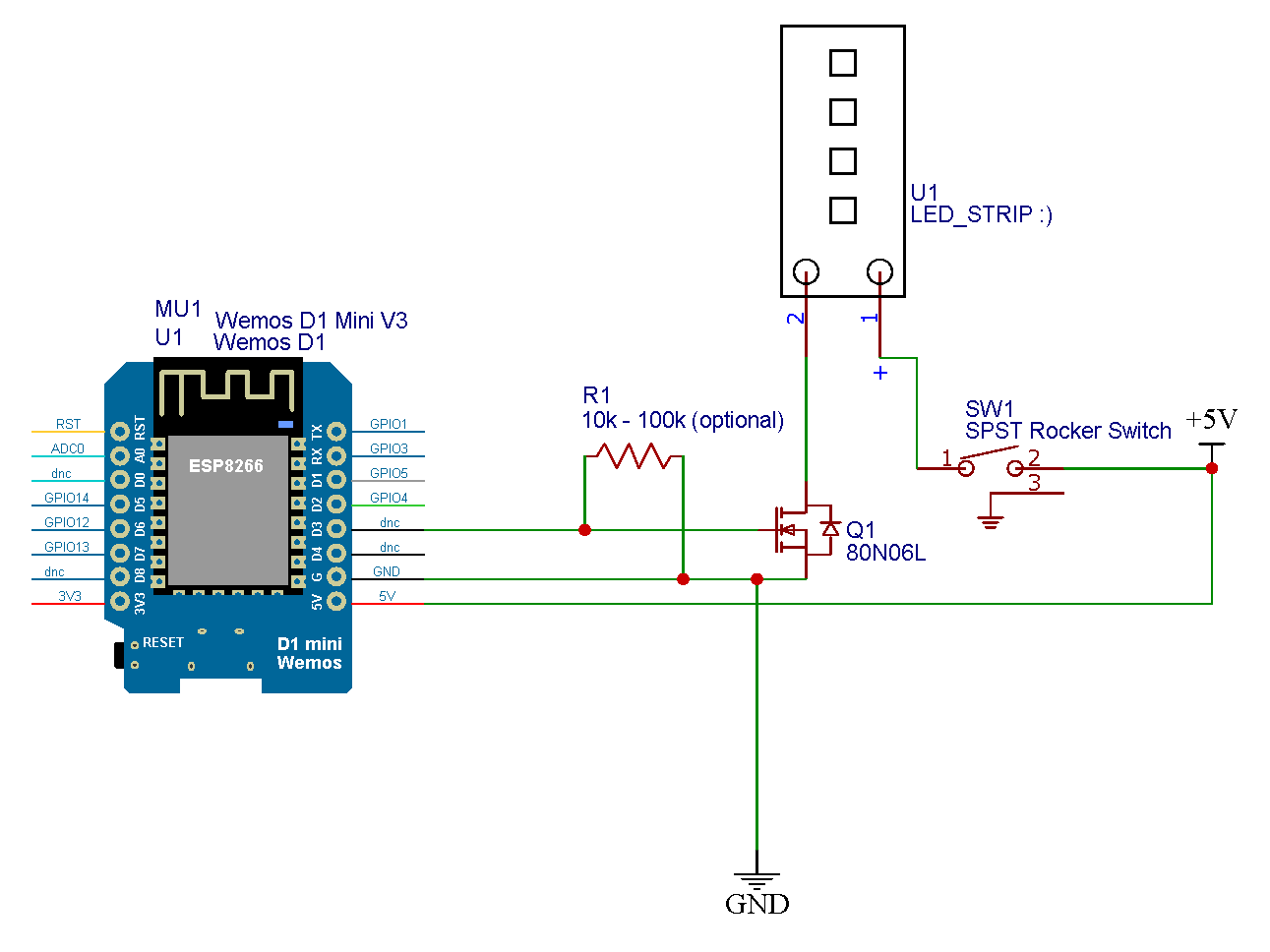 Schematic diagram of LED Strip connected to ESP8266 with MOSFET control and a 3-pin SPST rocker switch with indicator LED
