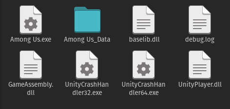 Folder with files such as: "Among Us.exe", "UnityCrashHandler64.exe" and a sub-folder "Among Us_Data"