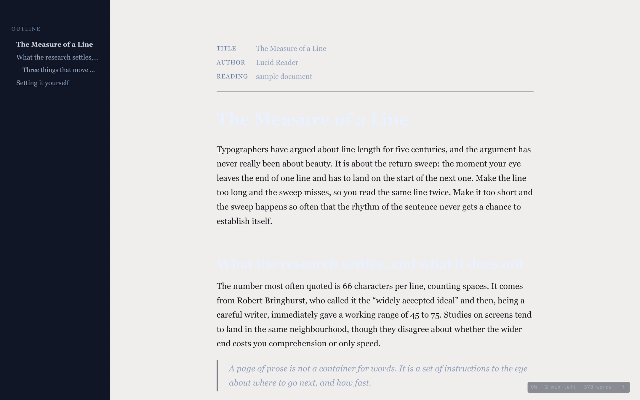 The reading view in the midnight theme