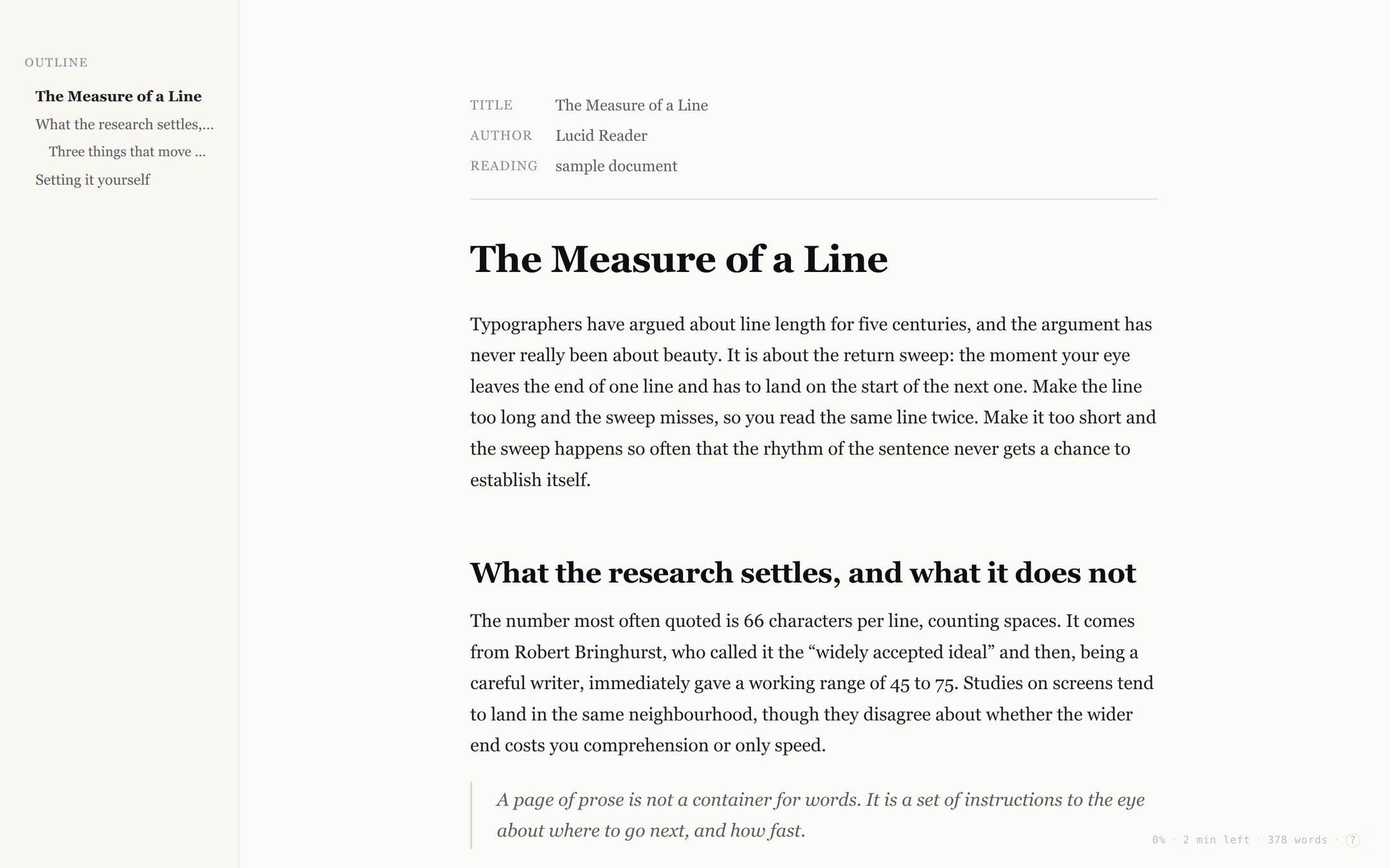 The reading view in the paper theme, with the outline open
