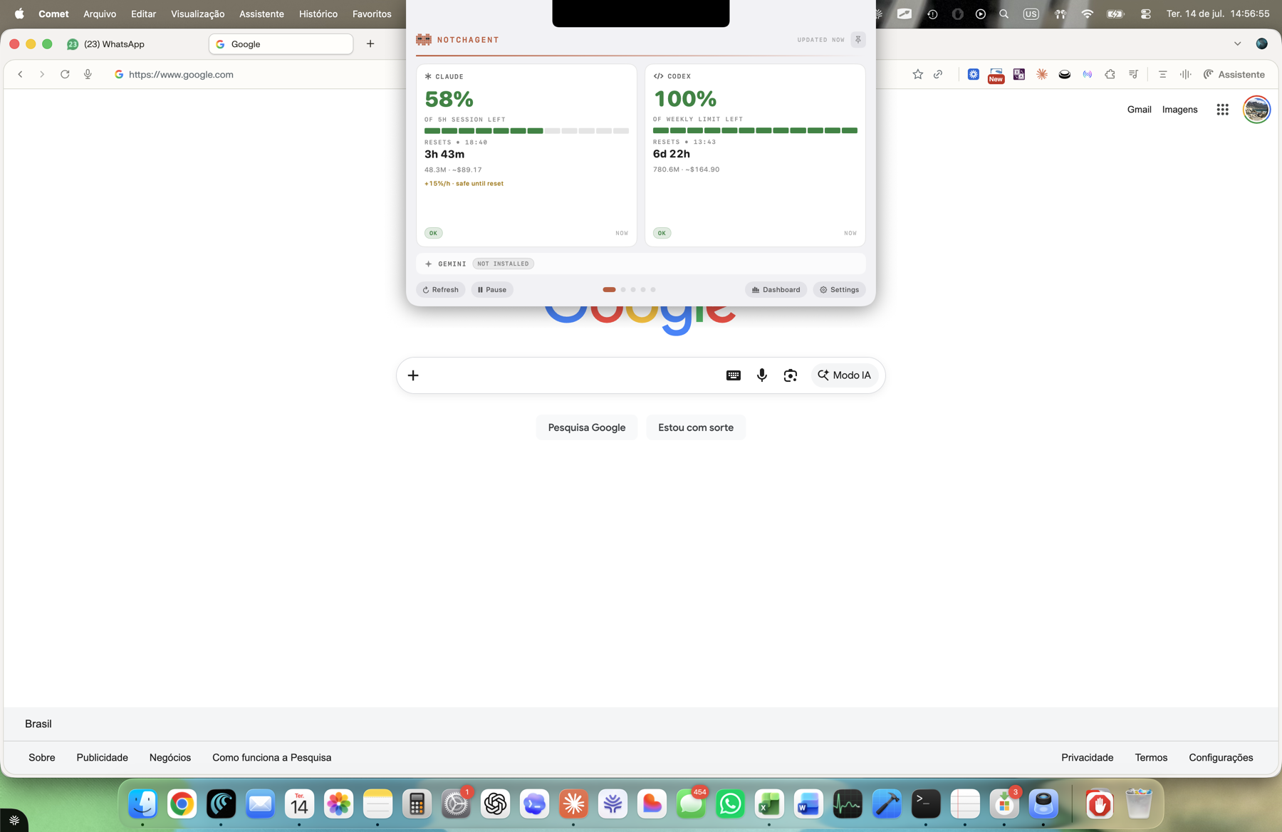 NotchAgent mostrando quotas, ritmo de consumo e alertas de agentes de IA no macOS