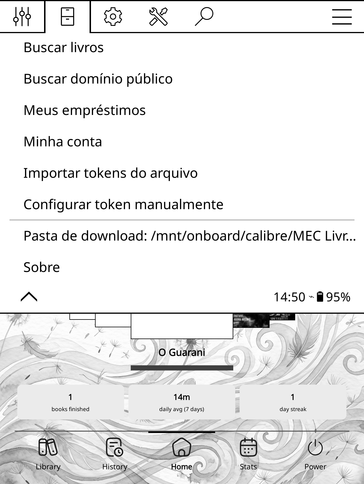 Menu do plugin MEC Livros no KOReader