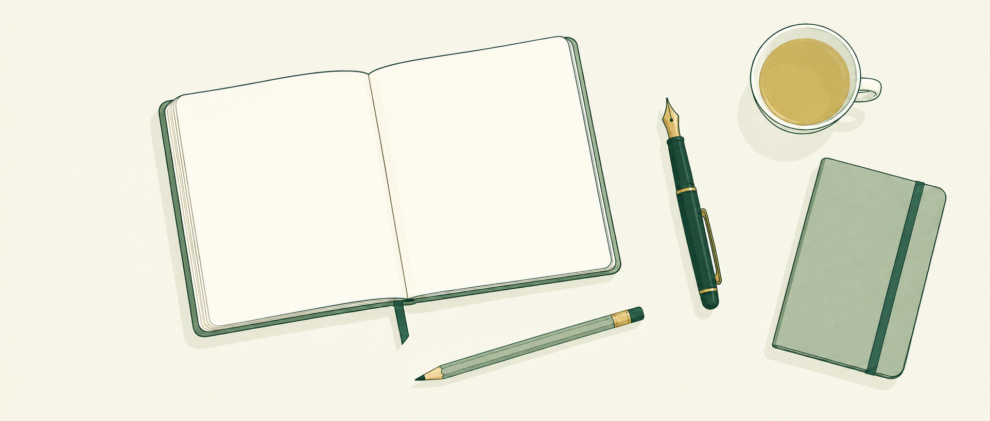 Sage Paper — a quiet desk with notebooks, pens, and warm coffee