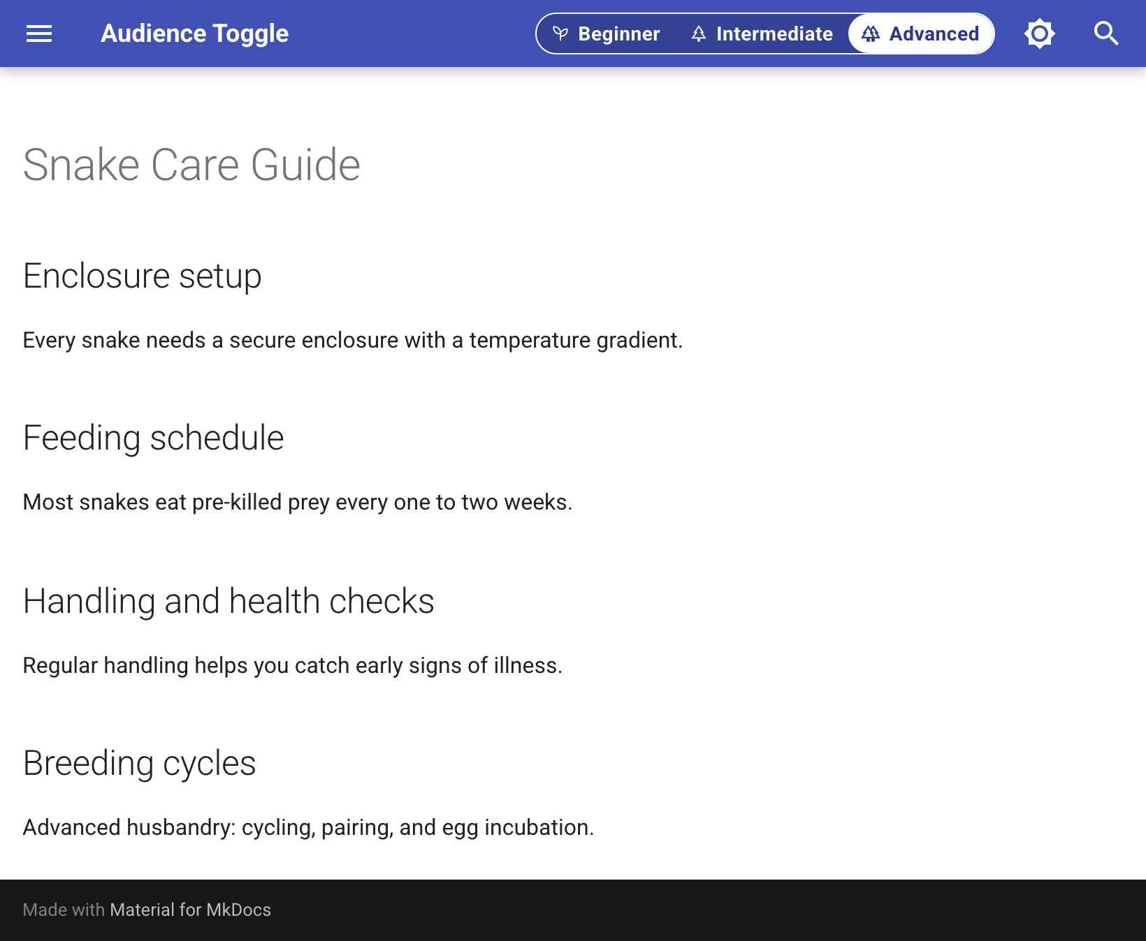 The same page in Advanced mode: a fourth section appears