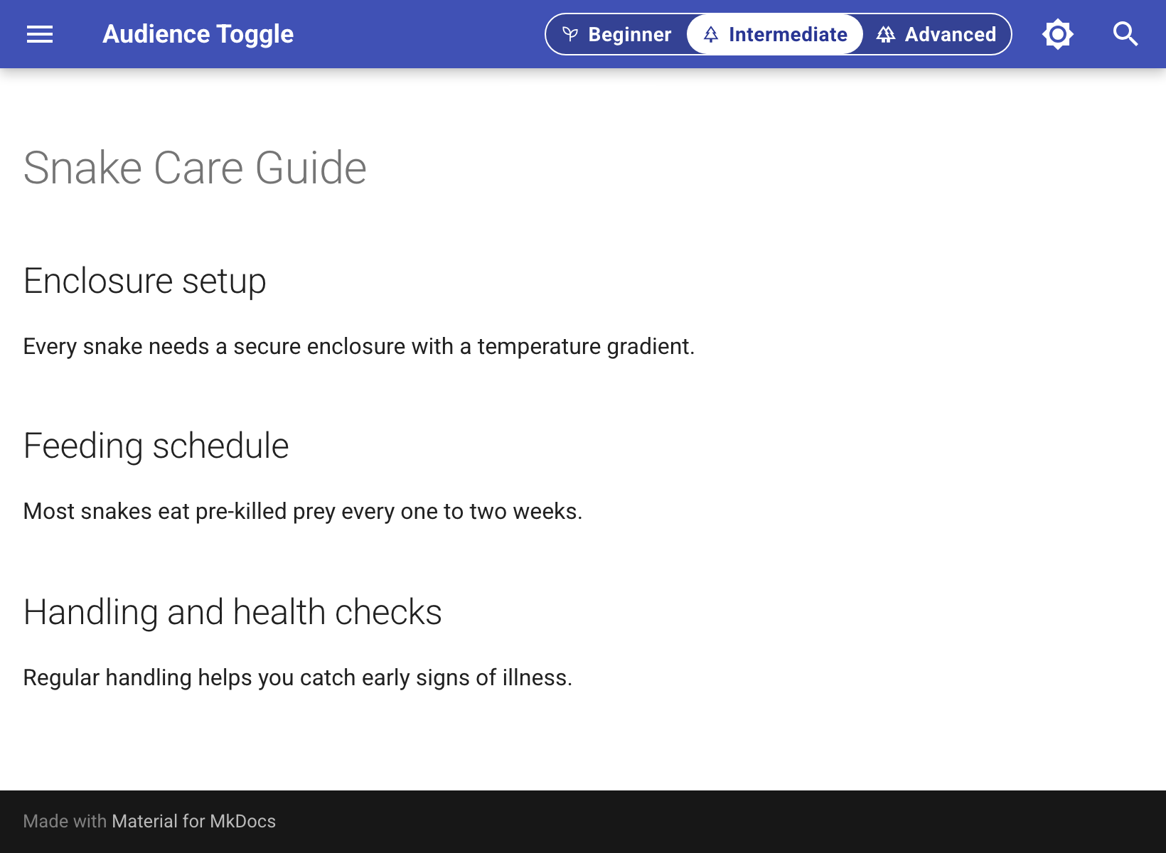 The same page in Intermediate mode: a third section appears