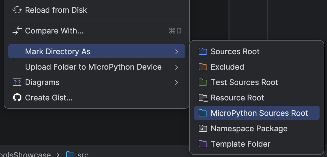 Context Menu MicroPython Sources Actions