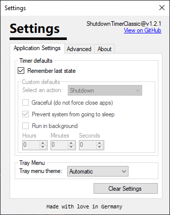 Screenshot of the settings window