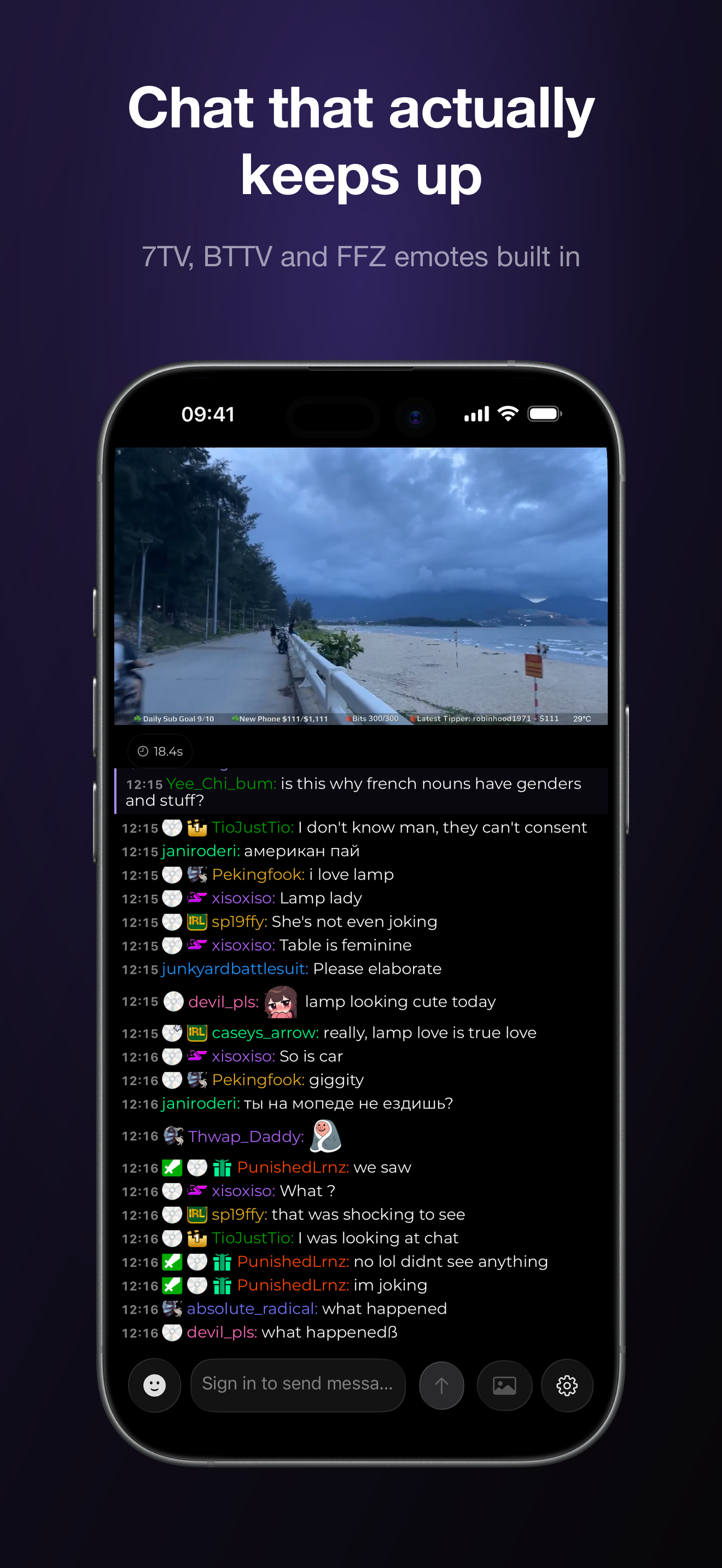 Foam stream chat screen with Twitch messages
