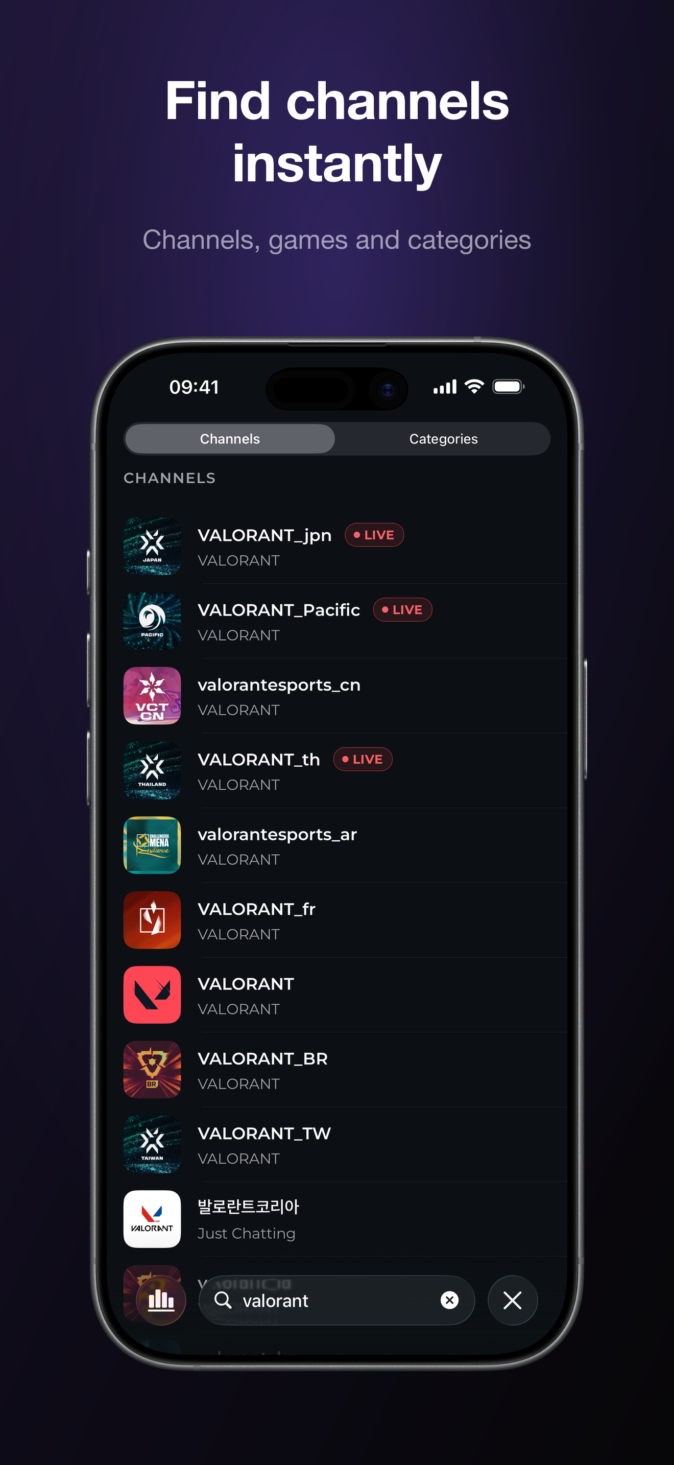 Foam search screen with live Twitch channels