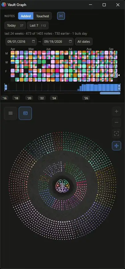 A phone-sized window with a fingertip for a pointer, each tap leaving a ring: the disc zoomed in until its dots are finger-sized, a note tapped so its card rises as a sheet at the foot, the folder list slid up as a sheet, one folder soloed from inside it, the sheet put away so the rest recedes, then a double-tap fitting what is left back into view