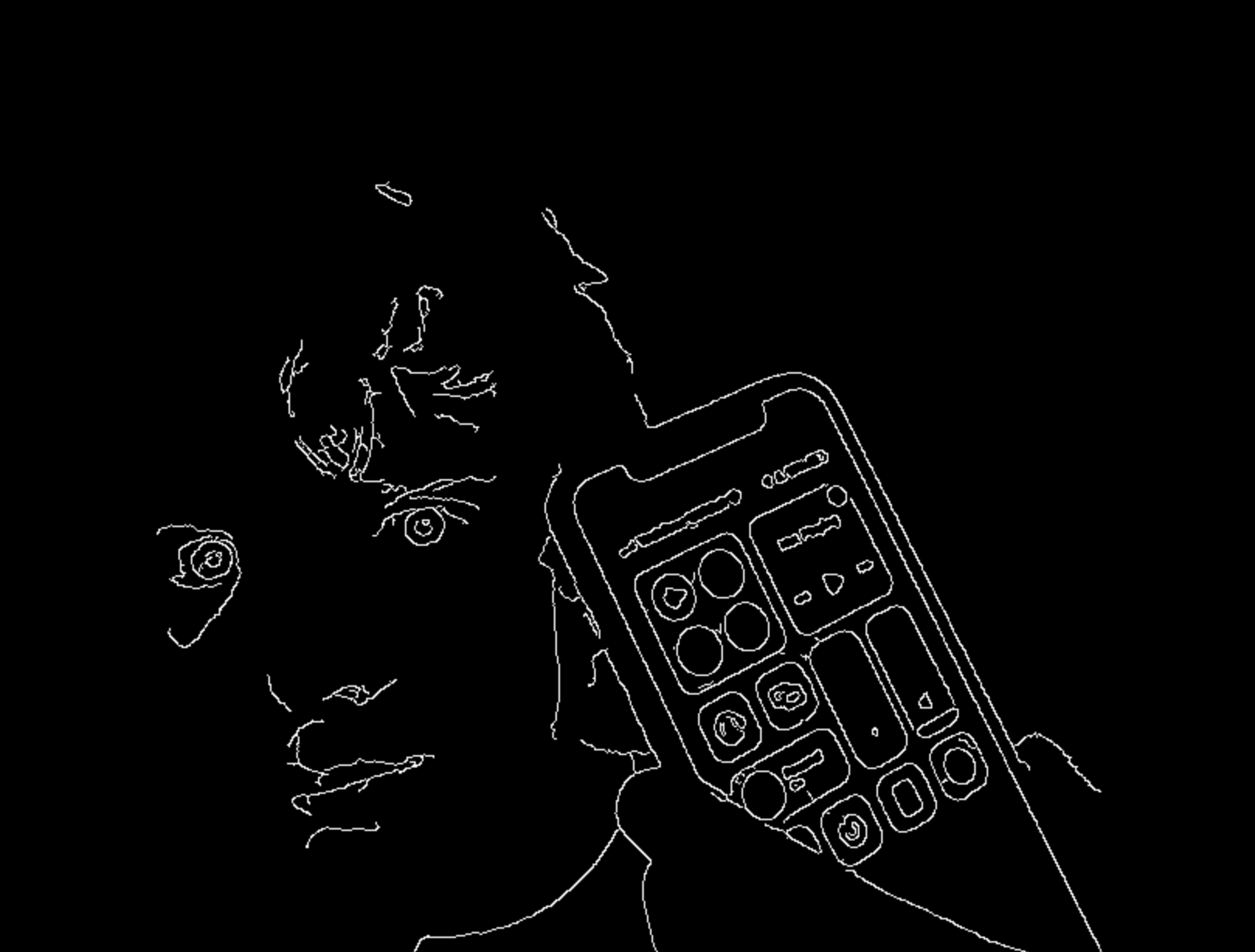 A Canny Edge Detector Image of a man holding a phone